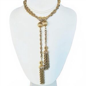 Vintage Gold Tone Chain Ball and Fringe Tassle Lariat Necklace